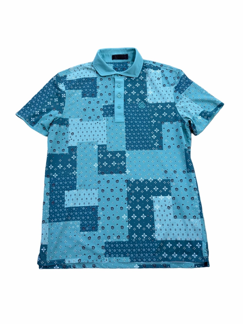 G/FORE Men’s Size Medium Blue Geometric Boro Tech Pattern Short Sleeve Golf Polo